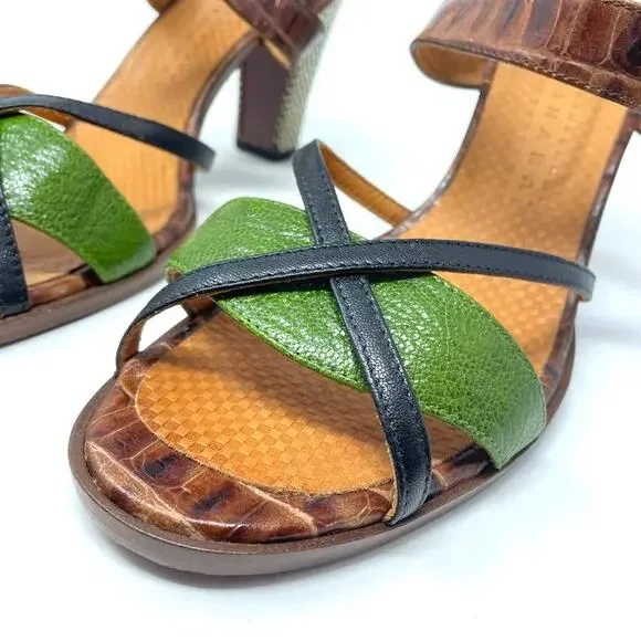 Chie MiharaHeel Sandals Leather Strappy Brown Green B&W Checkered Heel 41 /11